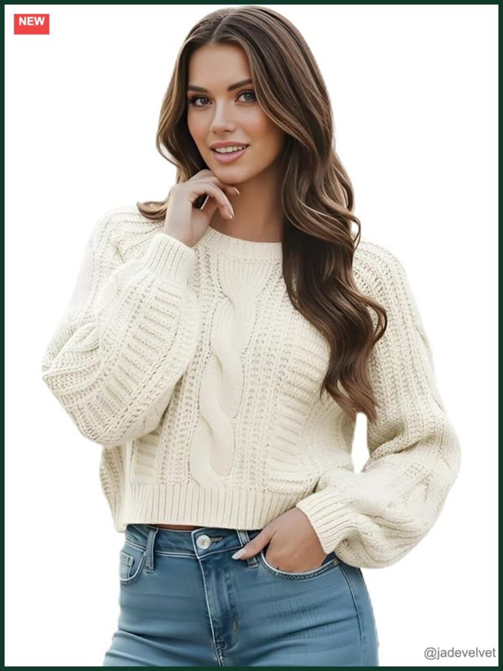 Cropped Cable Knit Sweater, Soft Warm Long Sleeve Pullover for Fall Winter